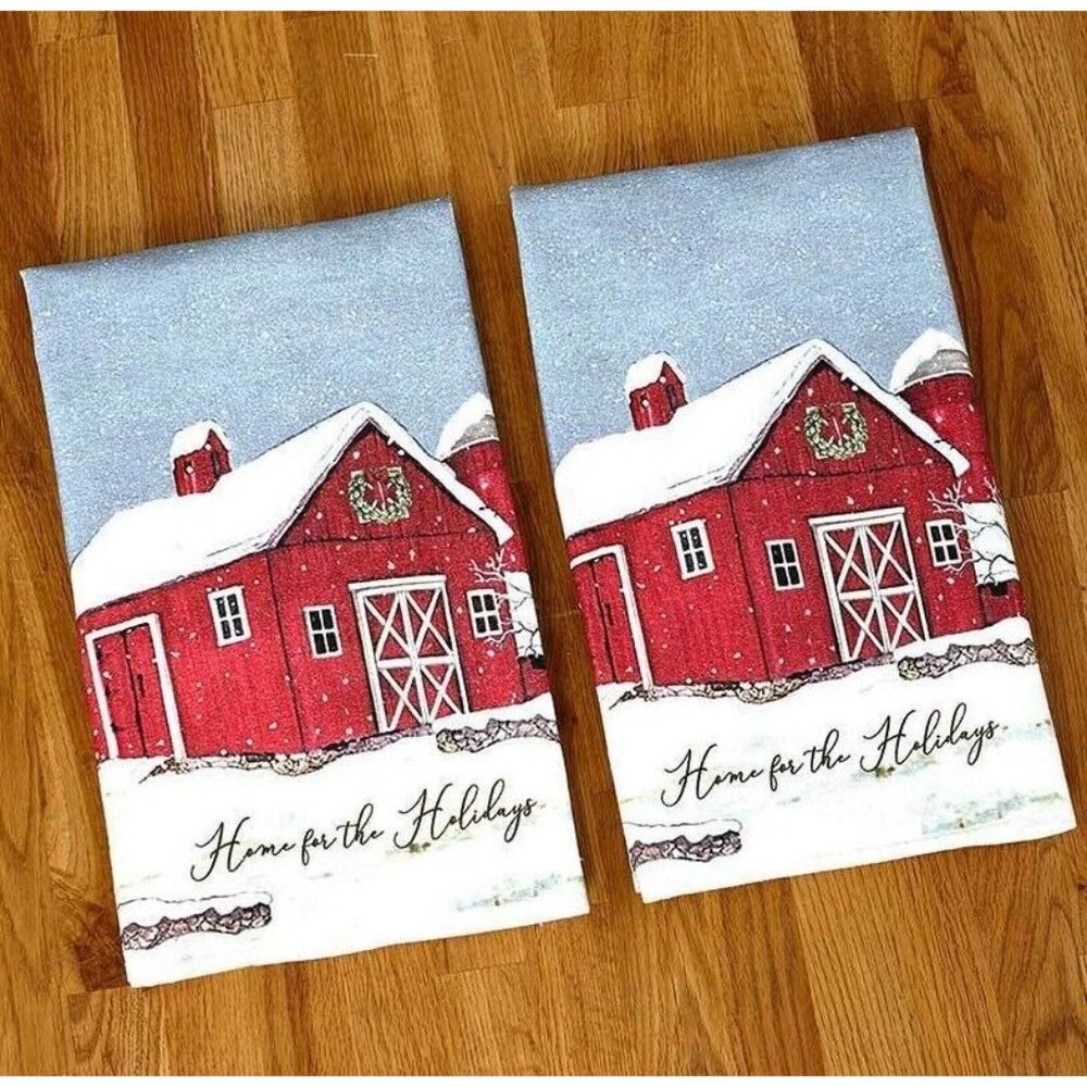 Country Home for the Holidays Kitchen Tea Towels 2-Pc Red Barn Christmas Wreath